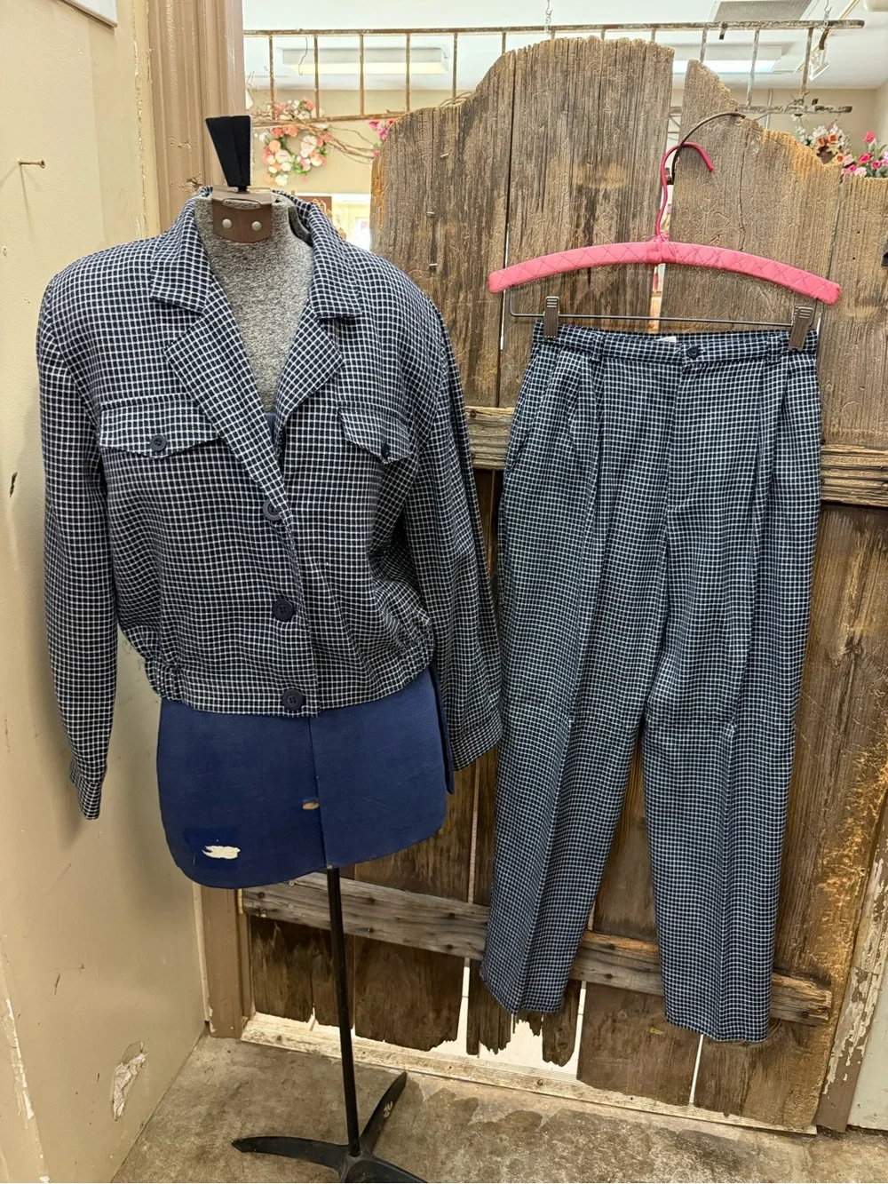 Vintage Classic Women's Checked Pantsuit Jacket & Trousers - Navy Check